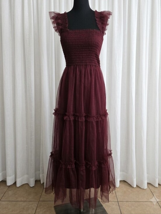 Altar'd State Dresses & Skirts - Altar'd State Wine Colored Tulle Maxi Dress with Ruffle Sleeves